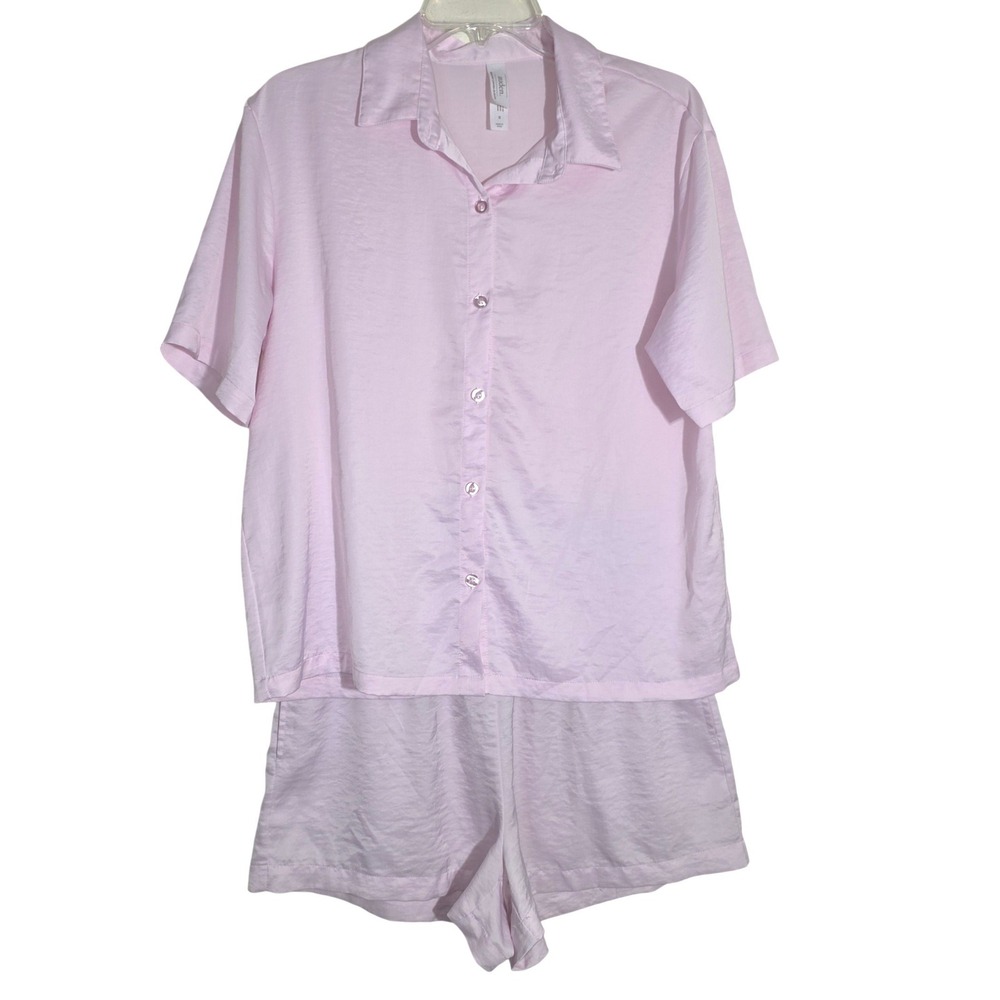 Auden Pajama Set Women Size Medium Pink Satin Short Sleeve Button Up Fair